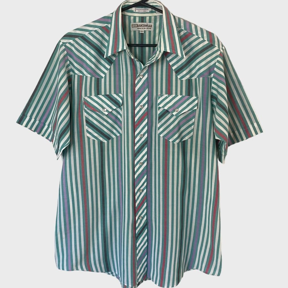 Vintage Ranchwear Western Pearl Snap Shirt Mens 16 1/2 Green Stripe Short Sleeve